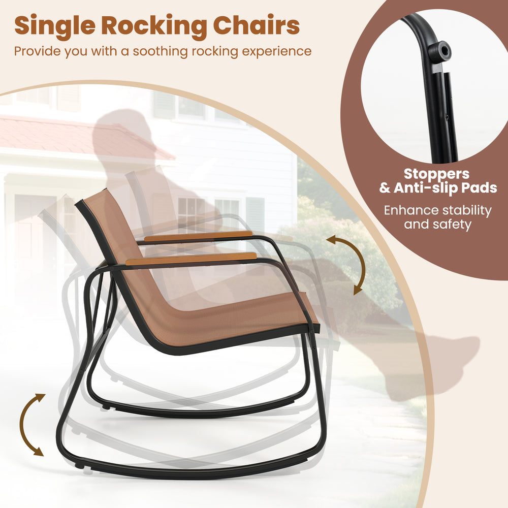 Single rocking chair with breathable mesh fabric and plastic wood armrests, designed for cozy outdoor relaxation.
