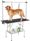 Foldable dog grooming table with adjustable arms, non-slip waterproof surface, and storage mesh tray for pet supplies.