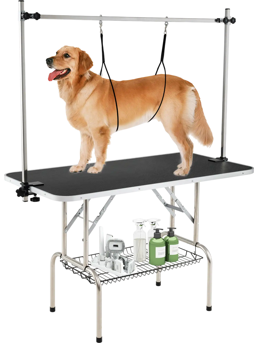 Foldable dog grooming table with adjustable arms, non-slip waterproof surface, and storage mesh tray for pet supplies.