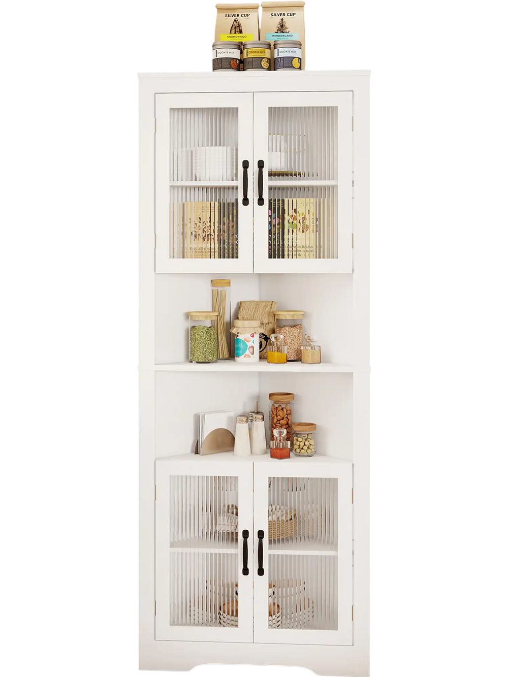 Corner cabinet in white with elegant glass doors, showcasing versatile storage with 2 open shelves and an anti-tipping.
