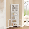 67-inch tall corner cabinet in white with a smooth surface and tempered glass doors, perfect for stylish storage in any.