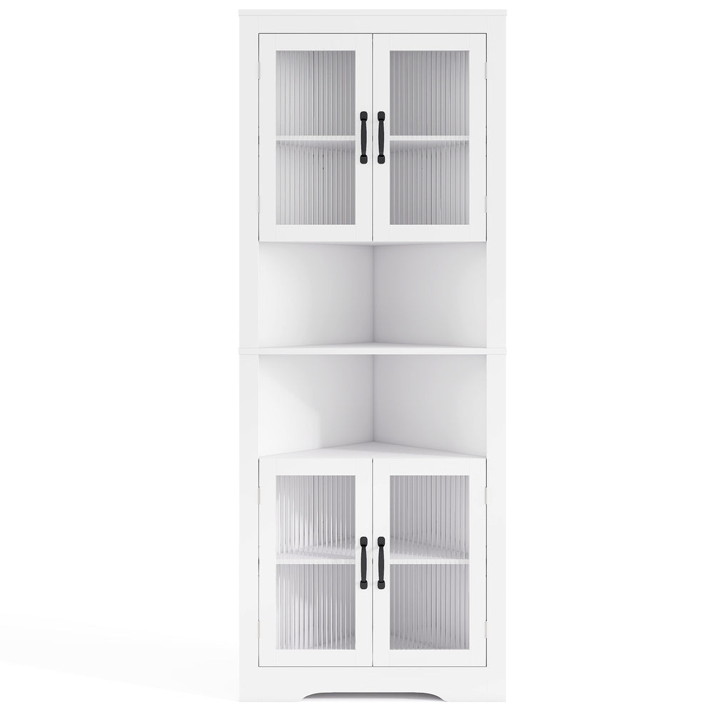 67-inch tall white corner cabinet with tempered glass doors, featuring 2 cabinets and 2 adjustable shelves for.