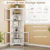 67-inch tall triangular corner cabinet in white, showcasing double open shelves for easy access and modern country.