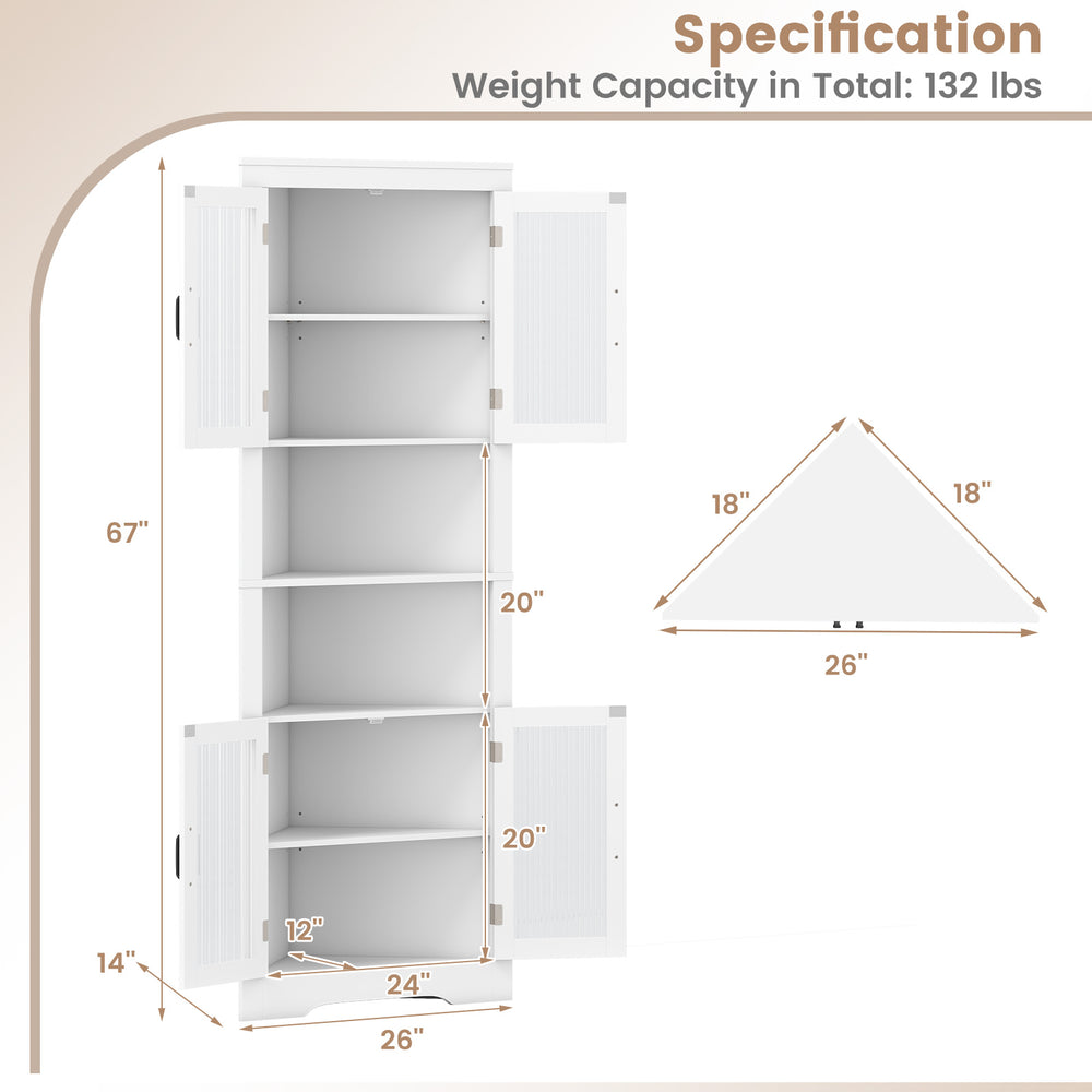 67-inch tall triangular corner cabinet in white with tempered glass doors, featuring 2 cabinets and adjustable shelves.