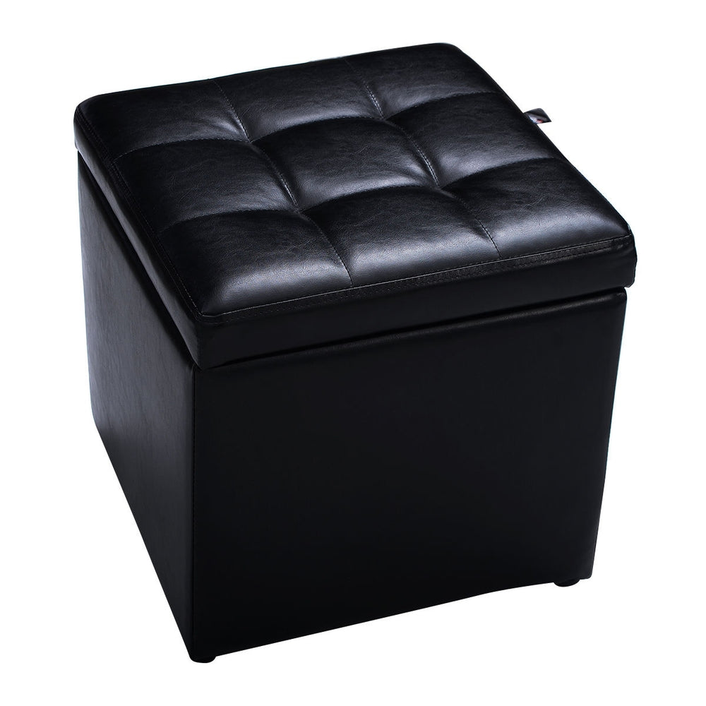 Black foldable cube ottoman pouffe with cushioned top, ideal for storage and organizing toys and accessories.