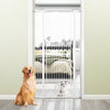 Extra tall 67.5" white metal pet gate with 30.5"-41" wide opening, ideal for doorways and kitchens, featuring a small.