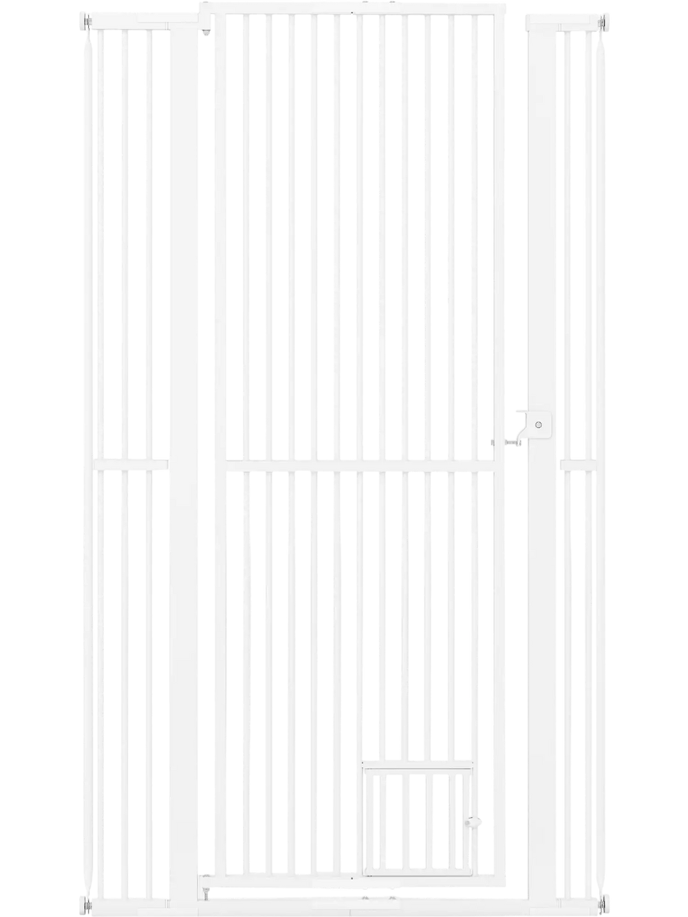 Extra tall 67.5" white metal pet gate with 30.5"-41" wide opening, designed for doorways and easy installation.