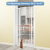 Extra tall 67.5" white pet gate fitting openings 30.5"-41", ideal for doorways and kitchens, ensuring pet safety.