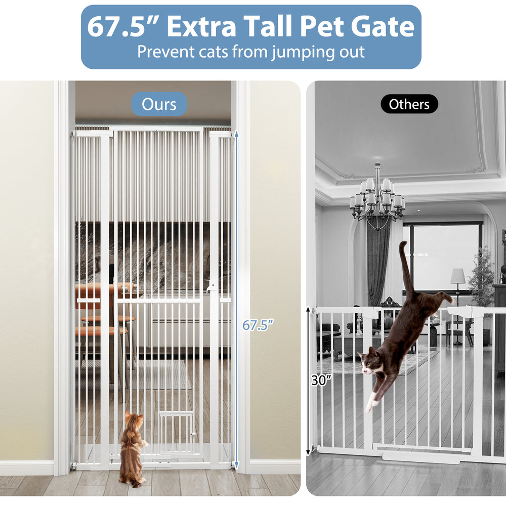 67.5" extra tall white metal pet gate with 30.5"-41" wide opening, designed to prevent cats from jumping out.