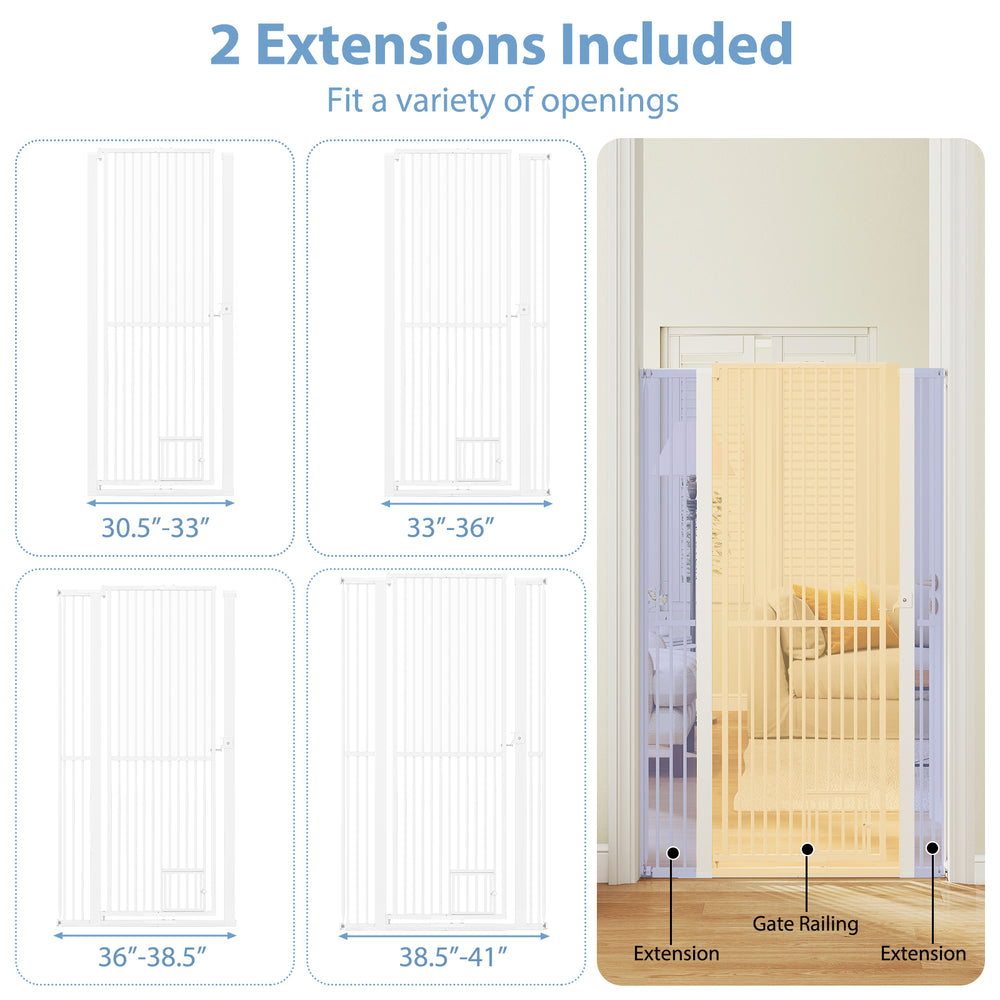 Extra tall 67.5" white pet gate with two extensions, fitting openings from 30.5" to 41" for doorways and kitchens.