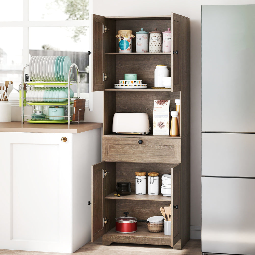Tall oak storage cabinet with 4 doors and 1 drawer, featuring adjustable shelf for versatile kitchen or living room use.