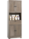 Tall modern freestanding storage cabinet in oak with 4 doors, 1 drawer, and adjustable shelf for versatile organization.