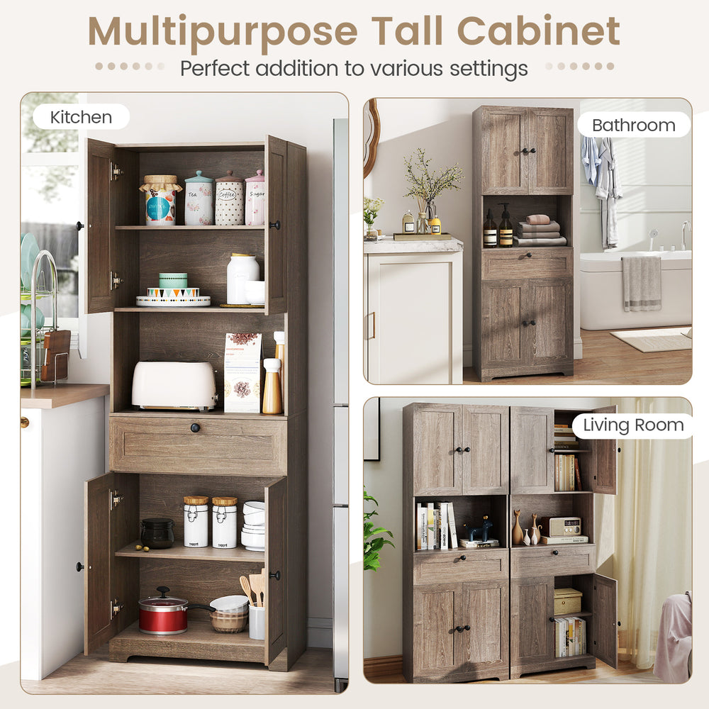 Multipurpose tall storage cabinet in oak with exquisite round handles, ideal for displaying decor and maximizing space.
