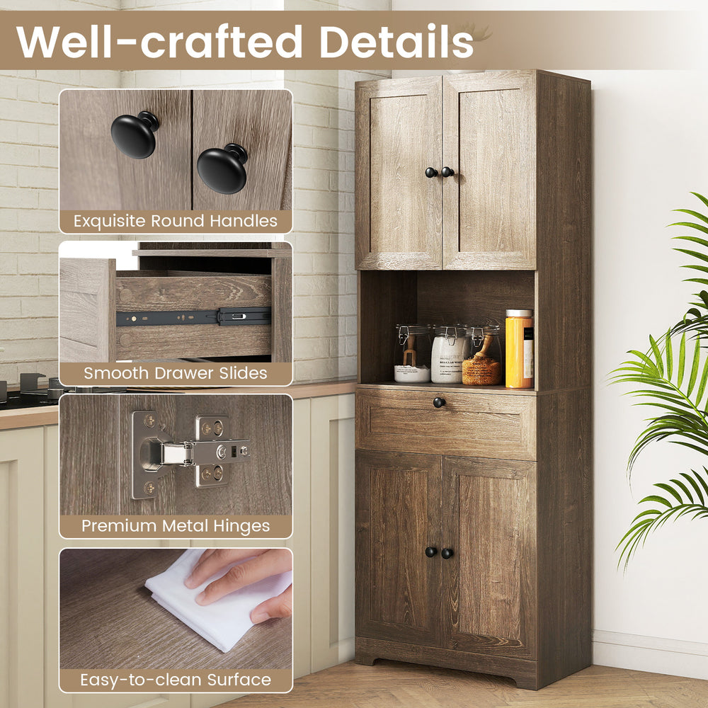 Modern freestanding storage cabinet with oak finish, featuring 4 doors, 1 drawer, and adjustable shelf for versatile.