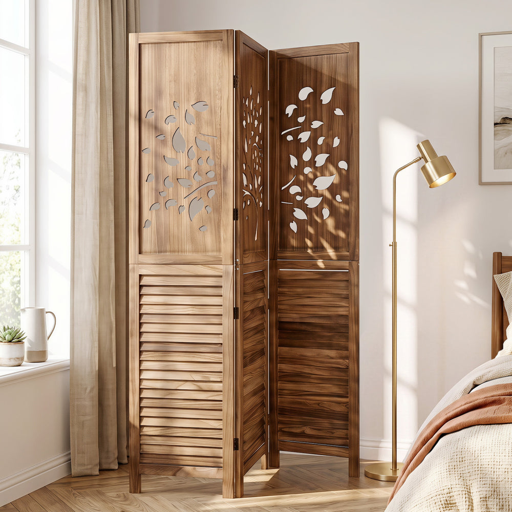 Folding room divider with tree cutout and louver design in rustic brown, showcasing a stylish layered visual detail.