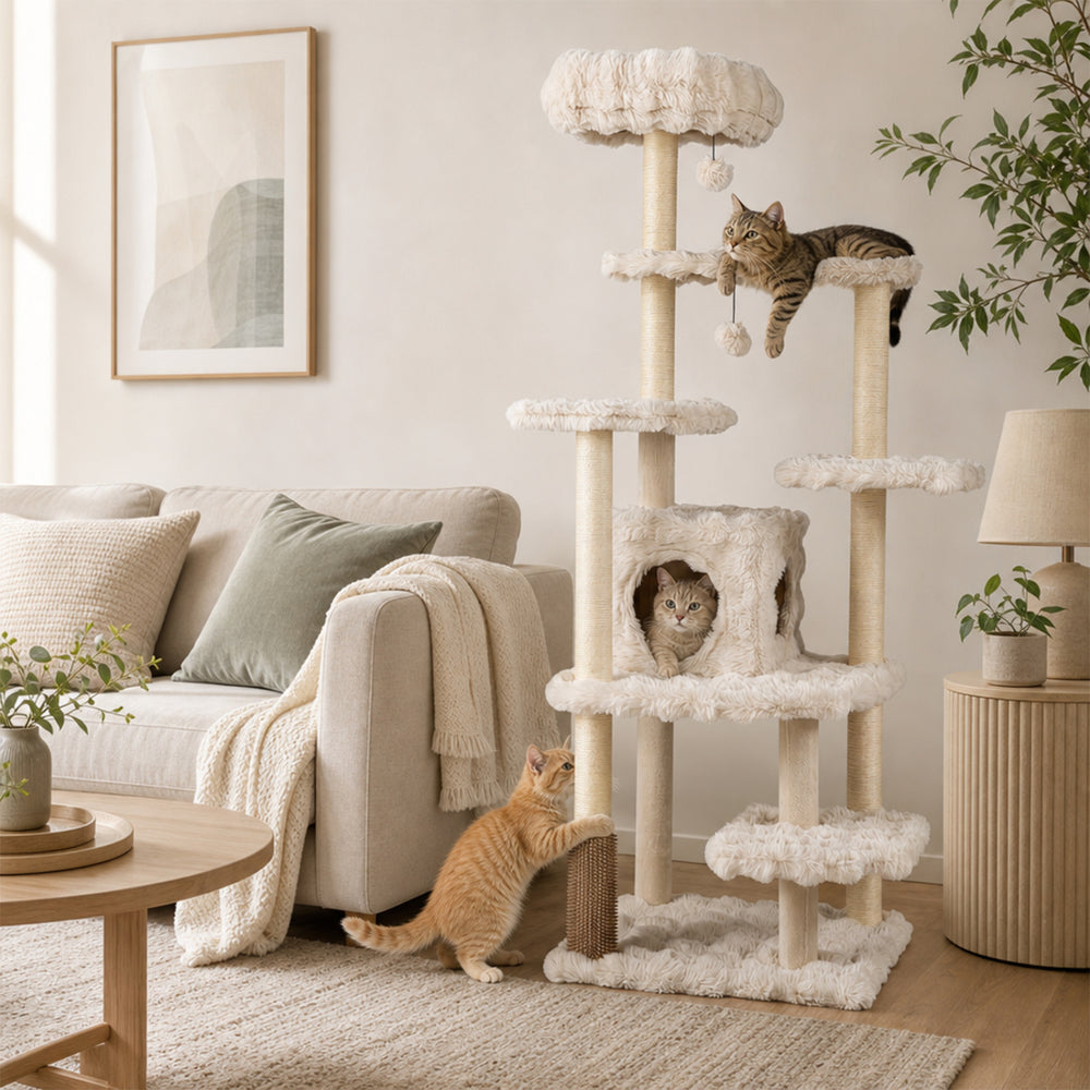 Multi-level 67-inch beige cat tree features a large condo, padded perch, and sisal scratching posts for healthy claws.