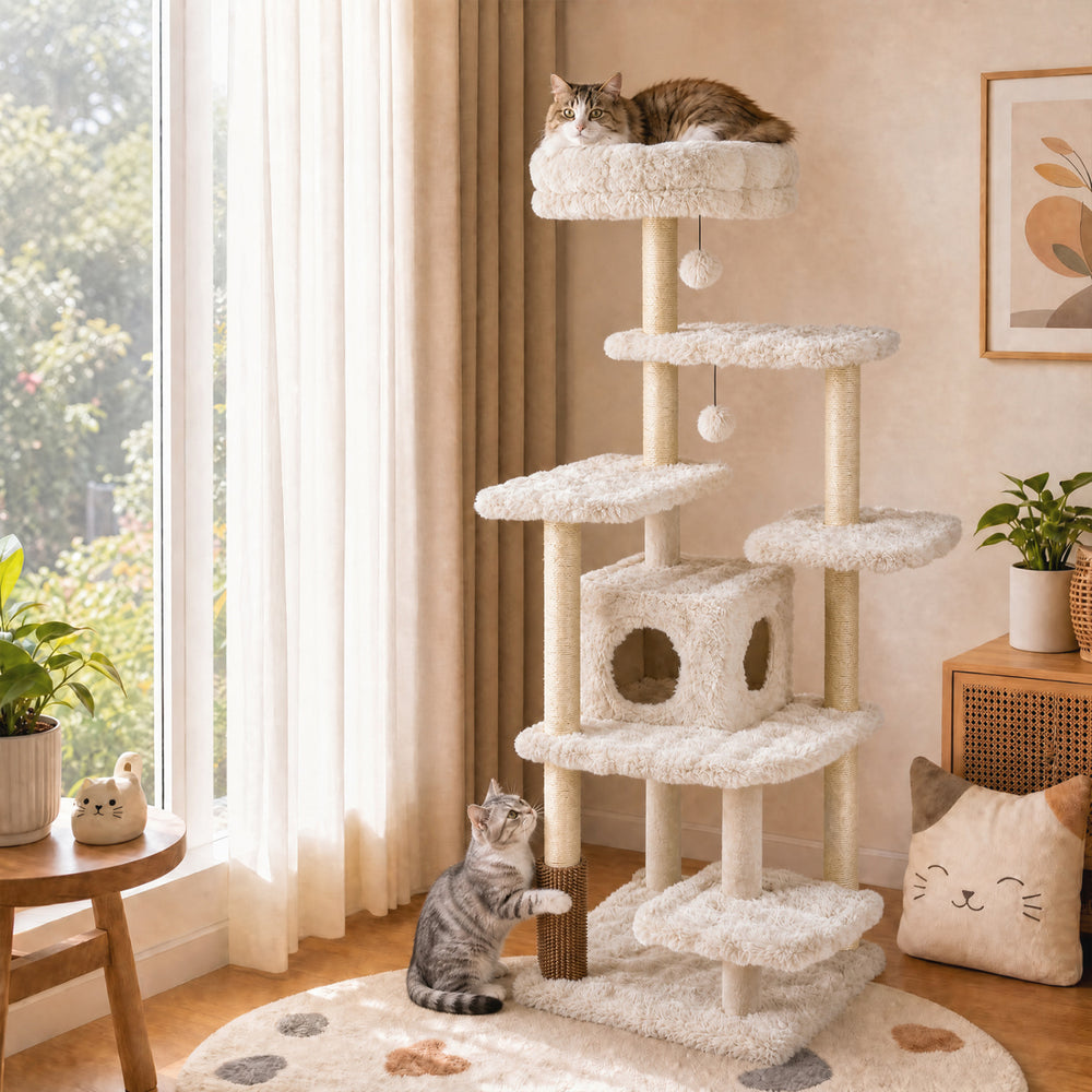 Stylish beige multi-level cat tree with two hanging pompoms and plush platforms for playful and comfortable lounging.
