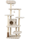Multi-level cat tree in beige with multiple platforms, plush fabric, and removable mats for easy cleaning and comfort.