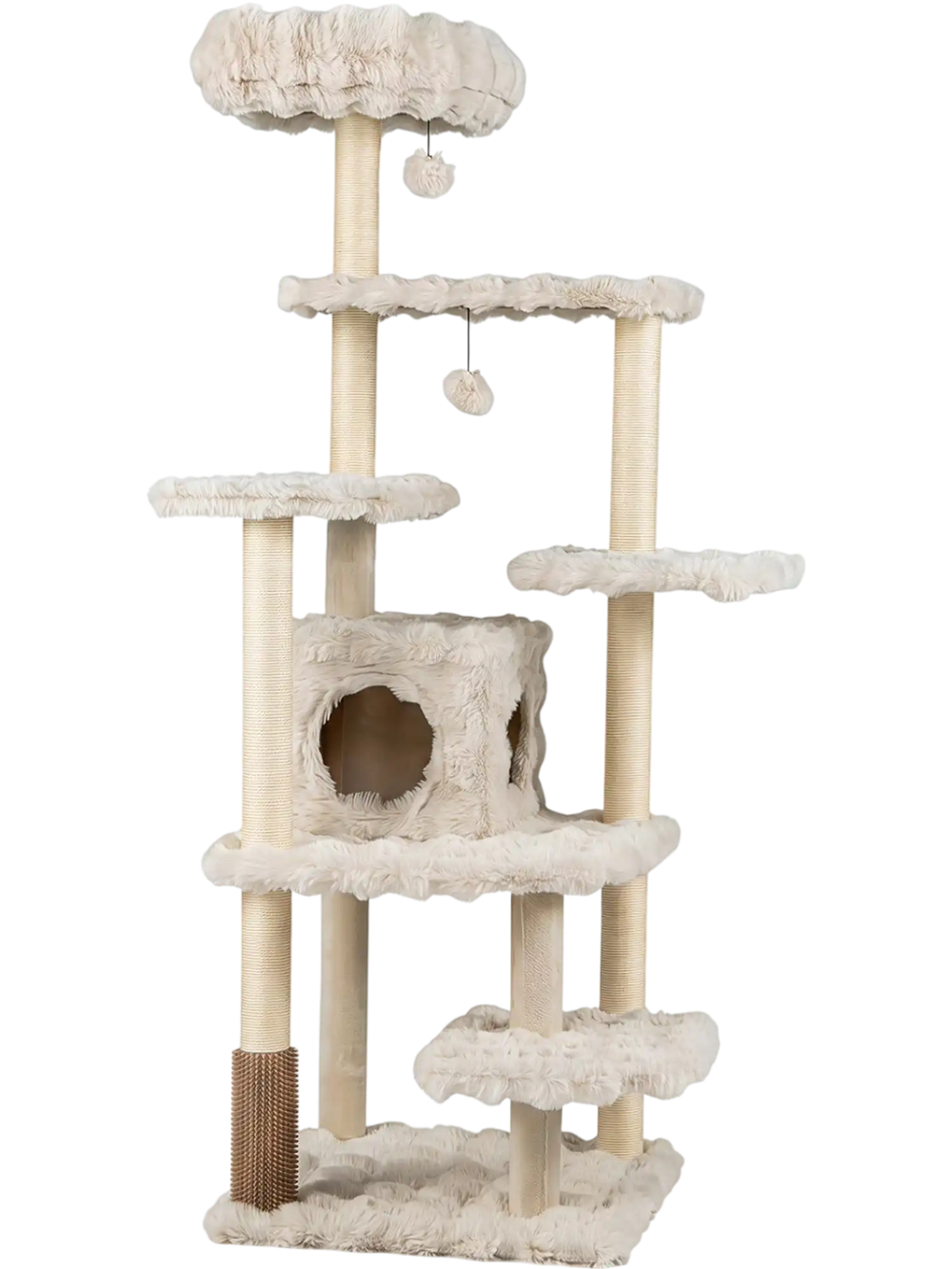 Multi-level cat tree in beige with multiple platforms, plush fabric, and removable mats for easy cleaning and comfort.