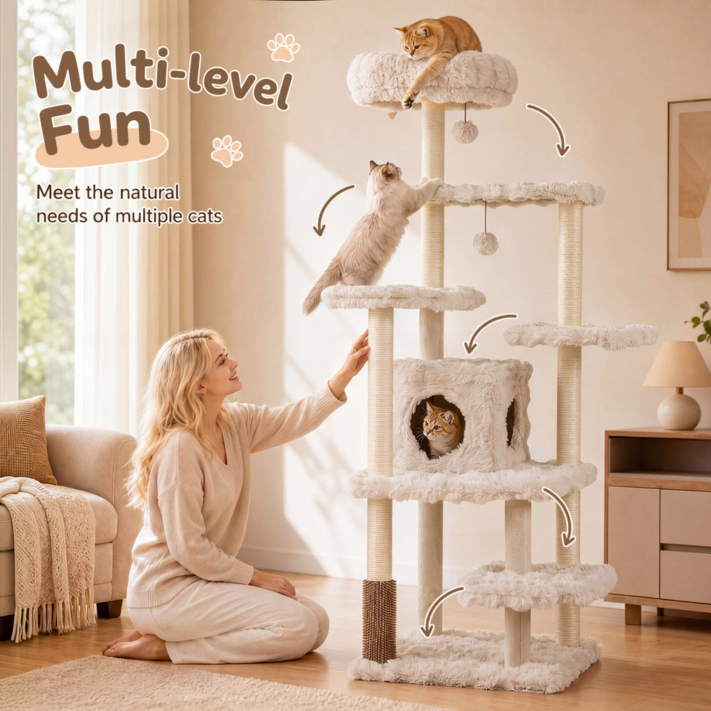 Multi-level 67-inch beige cat tree features a large condo, padded perch, and sisal scratching posts for multiple cats.