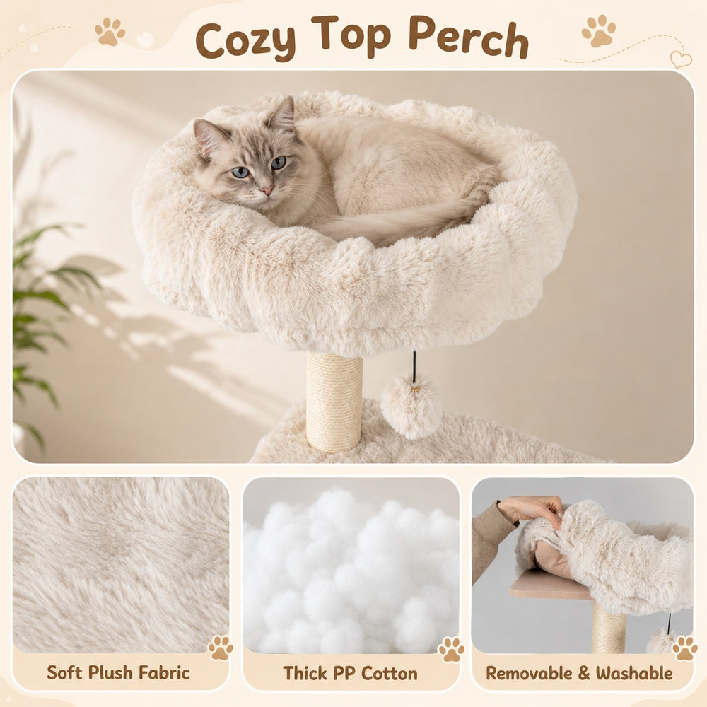 Cozy top perch made of soft plush fabric and thick PP cotton, perfect for cat relaxation and comfort.