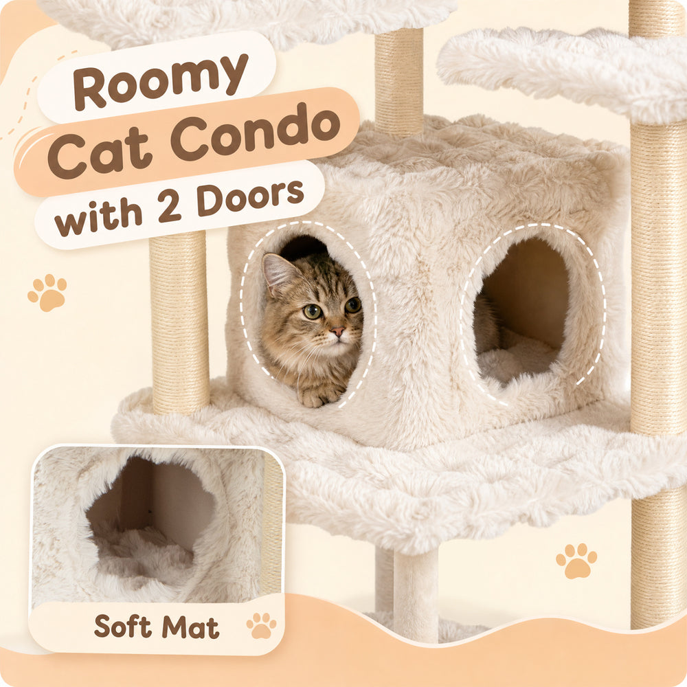 Multi-level 67-inch cat tree featuring a large beige condo with soft mat and sisal scratching posts for cat comfort.