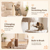 Multi-level 67 inch cat tree in beige features sisal scratching posts, dangling pompoms, and a built-in brush for grooming.