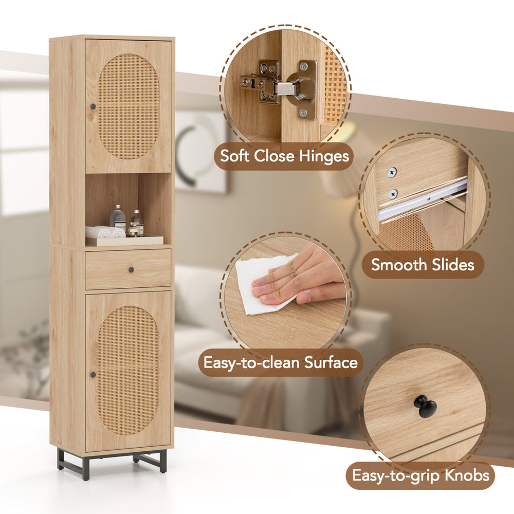 Tall bathroom cabinet with PE rattan design, featuring 2 doors, a drawer, and adjustable shelves for versatile storage.