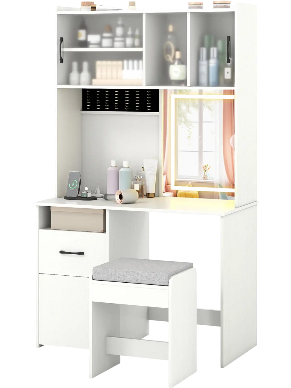 67-inch tall white vanity set with mirror, adjustable shelves, and charging station for makeup and accessories.