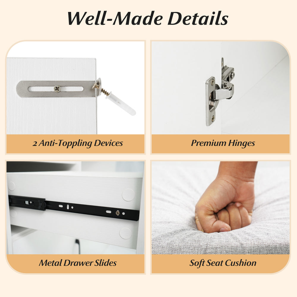 Well-made details of the 67-inch vanity set, showcasing premium hinges, metal drawer slides, and a soft seat cushion.