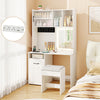 Vanity set with mirror and charging station, featuring adjustable shelves and large storage for makeup and accessories.