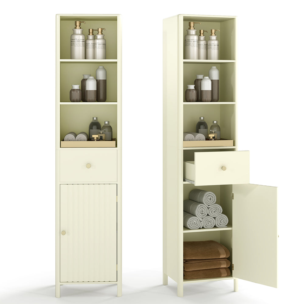 Narrow 67-inch tall beige bathroom cabinet with fluted door, featuring open shelves and a pull-out drawer for storage.