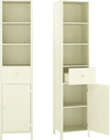 Narrow 67-inch tall beige bathroom cabinet with fluted door, featuring 3 open shelves and a pull-out drawer for storage.