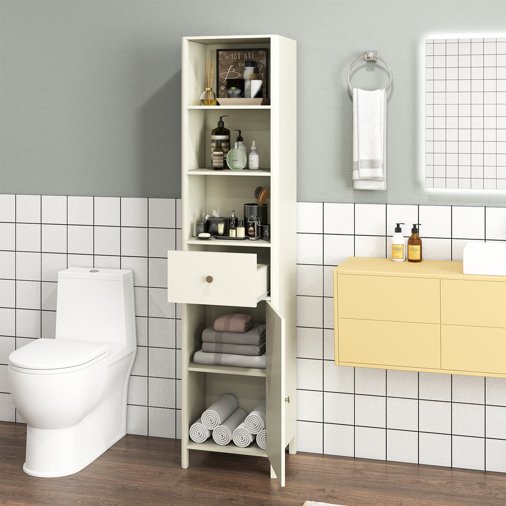 Narrow 67-inch beige bathroom cabinet with fluted door, featuring 3 shelves and a pull-out drawer for organized storage.