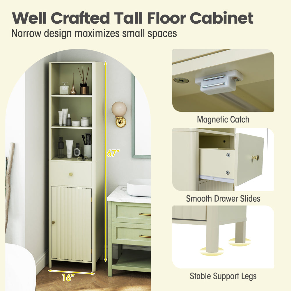 Tall beige bathroom cabinet with fluted door, three shelves, and pull-out drawer for efficient small space storage.