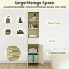 Narrow 67-inch beige bathroom cabinet with fluted door, featuring 3 open shelves and a pull-out drawer for organized.