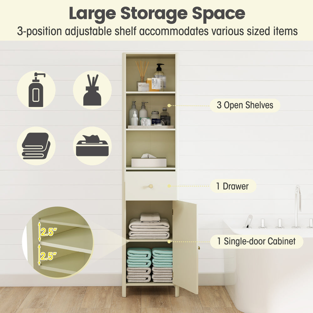 Narrow 67-inch beige bathroom cabinet with fluted door, featuring 3 open shelves and a pull-out drawer for organized.