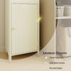 Narrow 67-inch tall beige bathroom cabinet with fluted door, gold metal handle, and rounded edges for elegant storage.