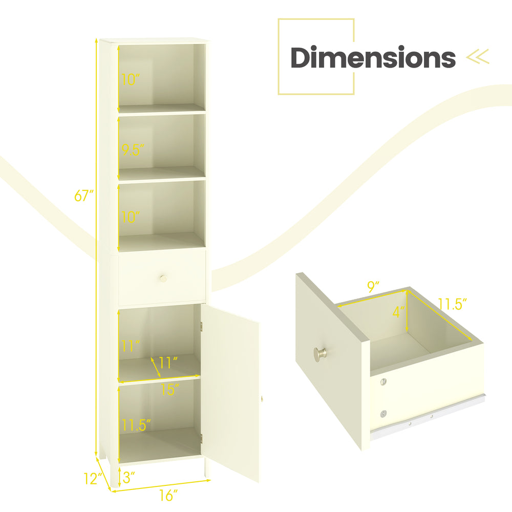 Narrow 67-inch beige bathroom cabinet with fluted door, featuring 3 open shelves and a pull-out drawer for storage.