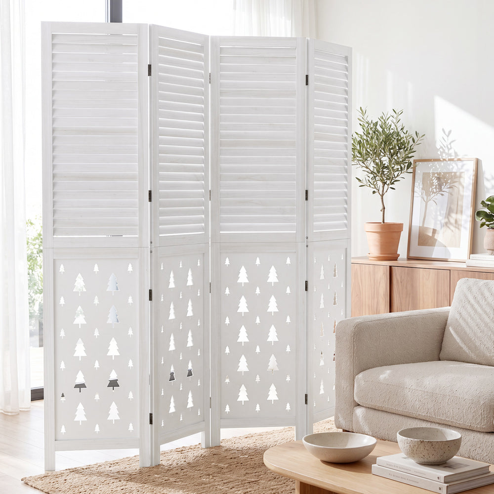 Wooden room divider with tree-inspired patterns, featuring a stable paulownia wood frame and foldable design for versatile use.