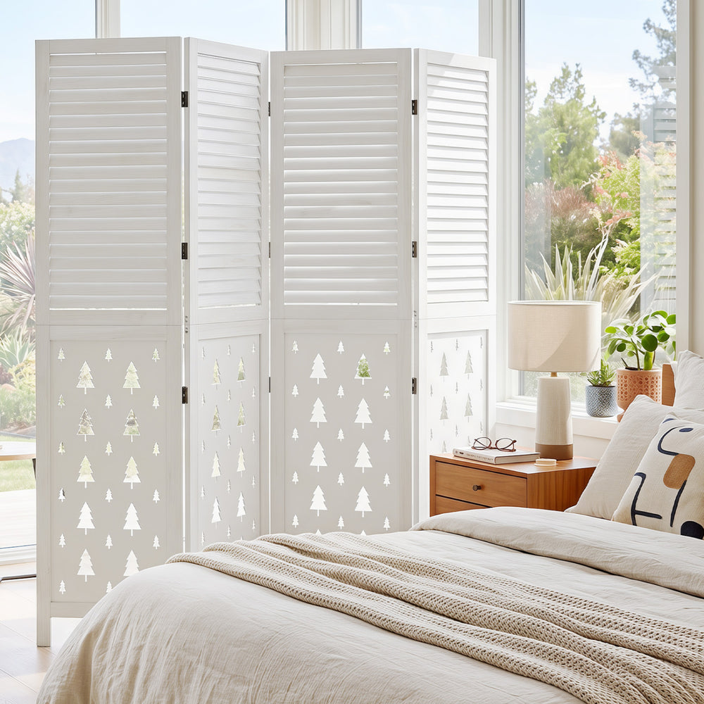 Four-panel 67" tall wood room divider with tree-inspired patterns, ideal for privacy in bedrooms or study areas.