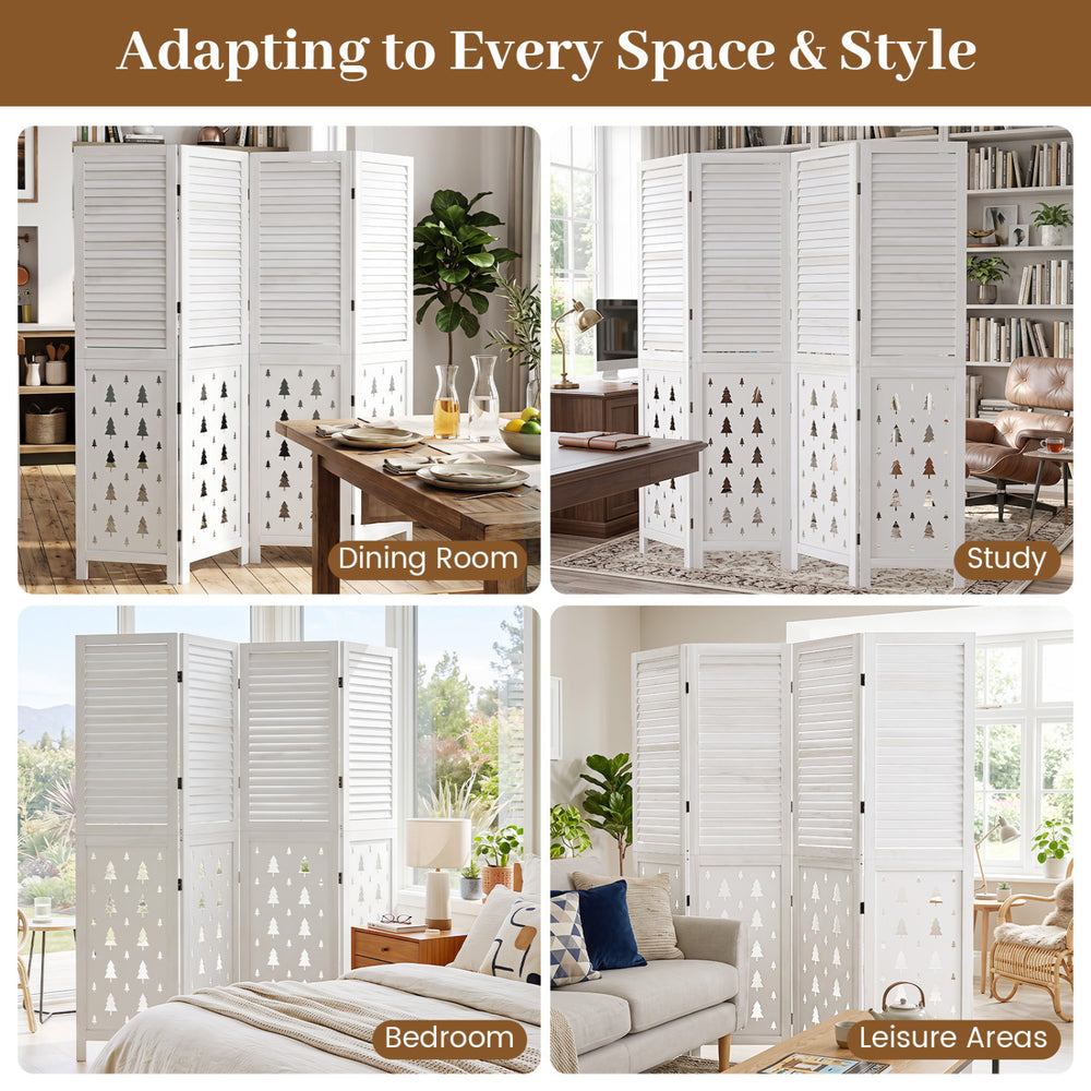 Four-panel 67" tall wood room divider with tree-inspired patterns, ideal for privacy in various indoor spaces.
