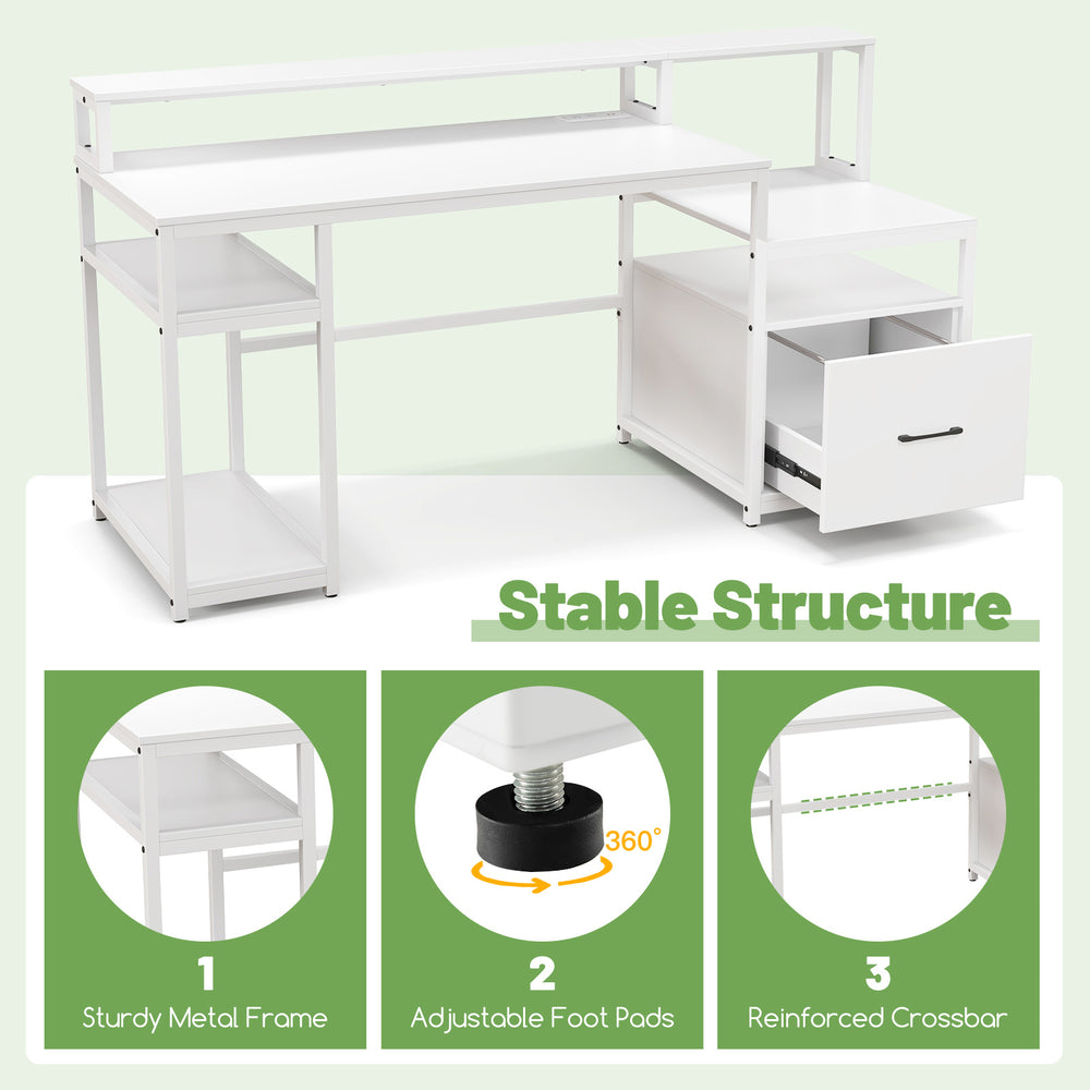 67-inch white computer desk with monitor stand, file drawer, and adjustable foot pads for stability and convenience.