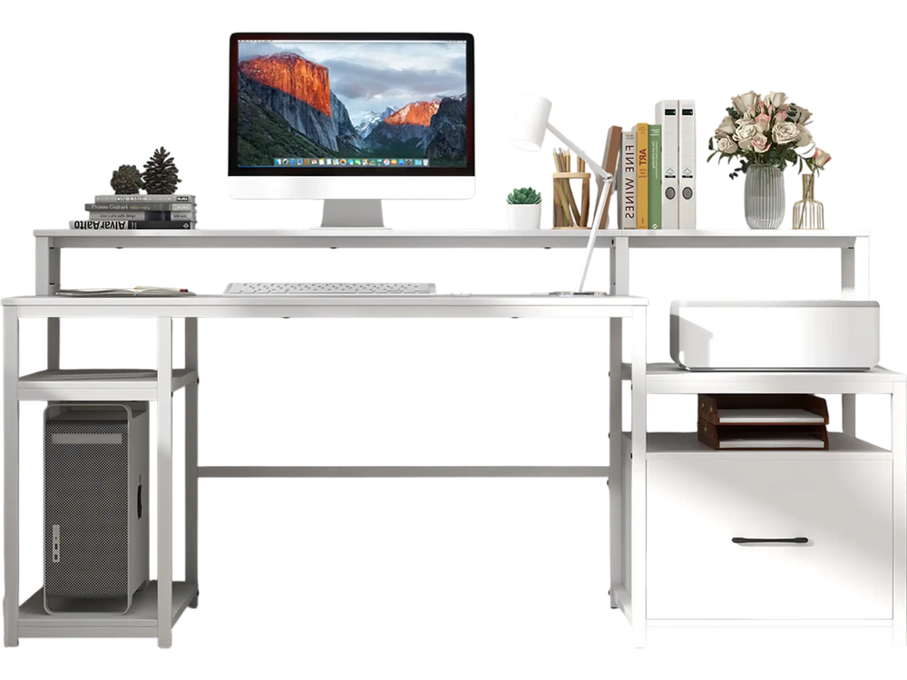 67-inch white computer desk with monitor stand, file drawer, USB ports, and ample storage for home office use.