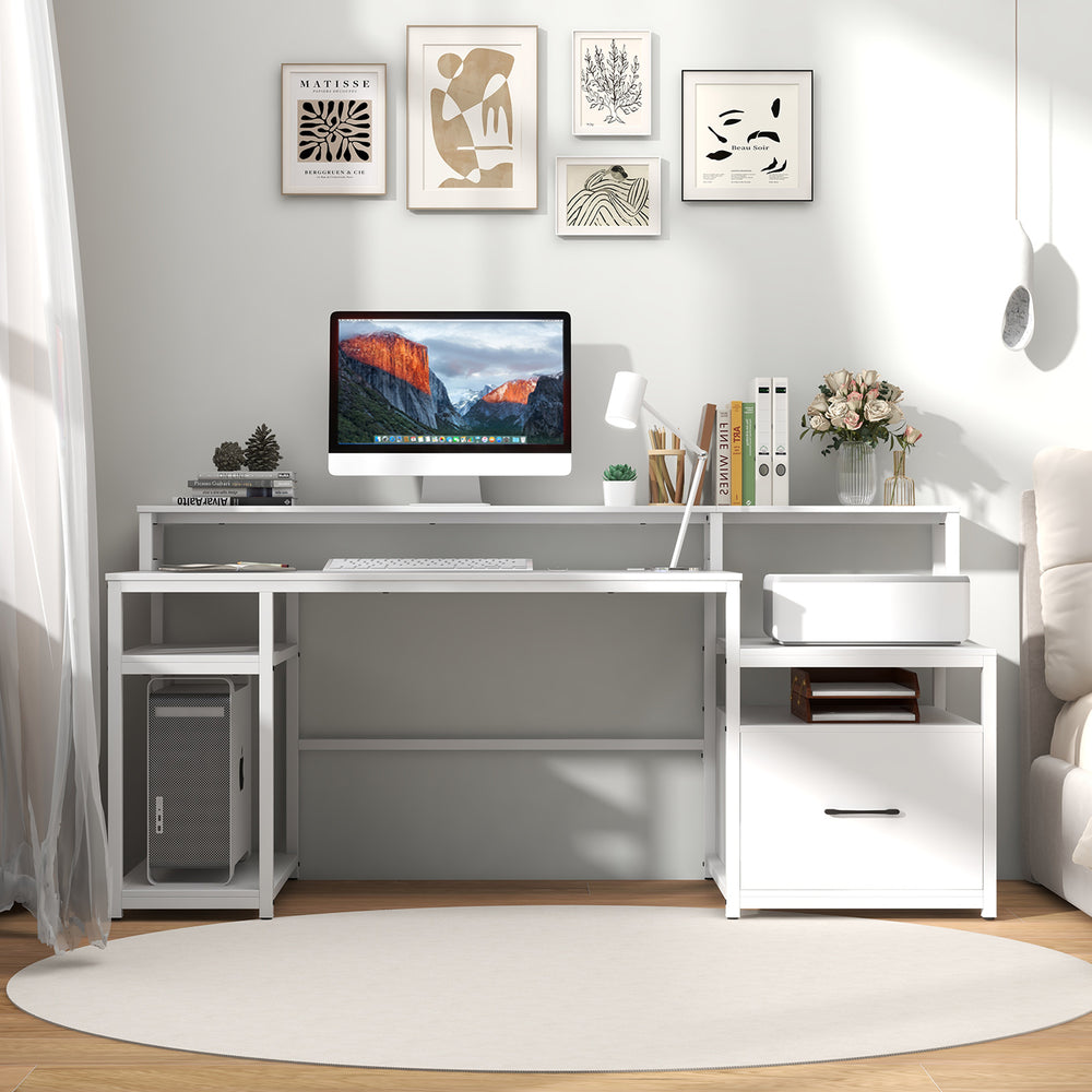 67 Inch Computer Desk with Monitor Stand & File Drawer-White - Gallery View 1 of 10