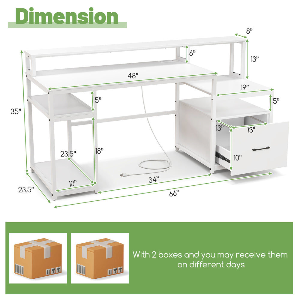 67-inch white computer desk with monitor stand, file drawer, and power sockets for efficient workspace organization.