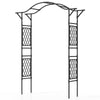 Black metal garden arch trellis, 67 x 83 inches, designed for climbing plants and easy setup in outdoor spaces.