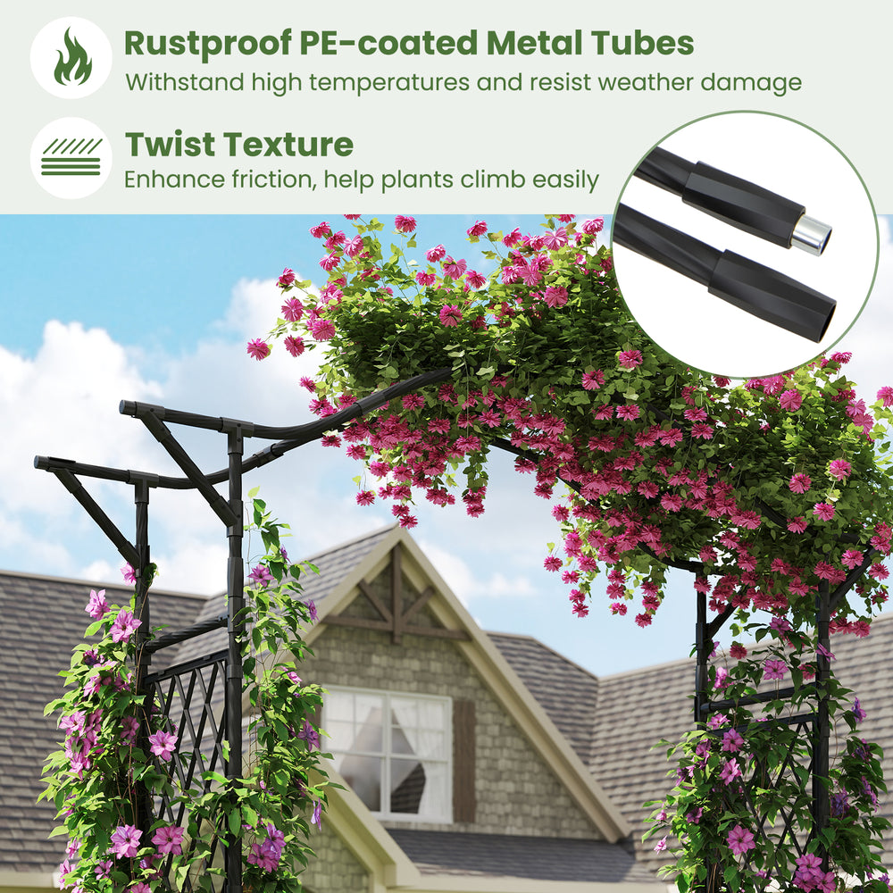 Garden arch trellis made of rustproof PE-coated metal tubes, designed for climbing plants and easy setup in any garden.