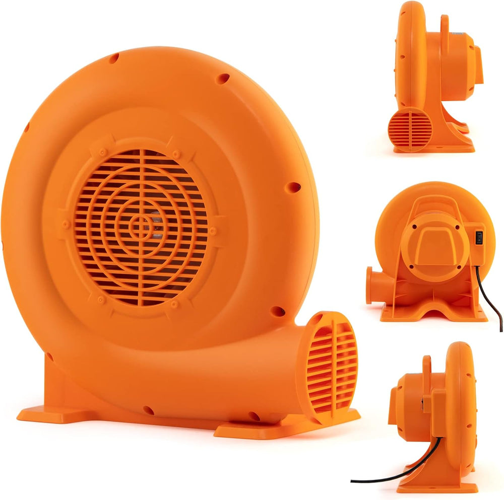 Orange 750W air blower with a wide air vent, 25ft power cable, and GFCI plug, ideal for inflatables and outdoor use.