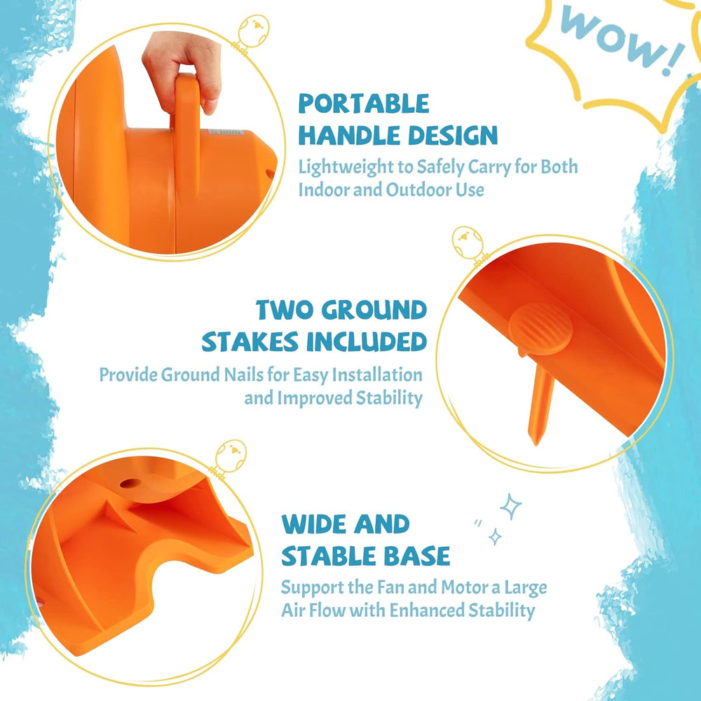 Portable 750W air blower with hidden handle, two ground stakes, and wide base for stable outdoor use with inflatables.